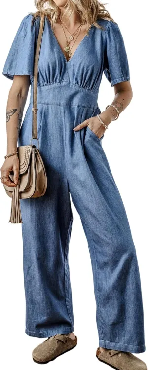 KevaMolly Womens Denim Jumpsuits Casual Ashleigh V Neck Short Sleeve Smocked Back Loose Jumpsuit Pocket Wide Leg Jumpsuit