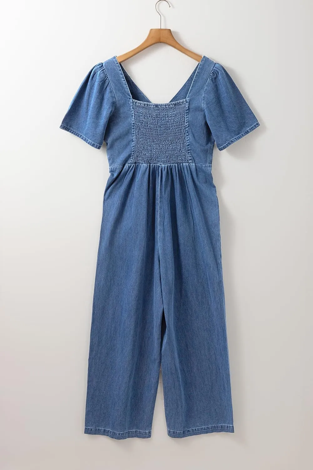 KevaMolly Womens Denim Jumpsuits Casual Ashleigh V Neck Short Sleeve Smocked Back Loose Jumpsuit Pocket Wide Leg Jumpsuit
