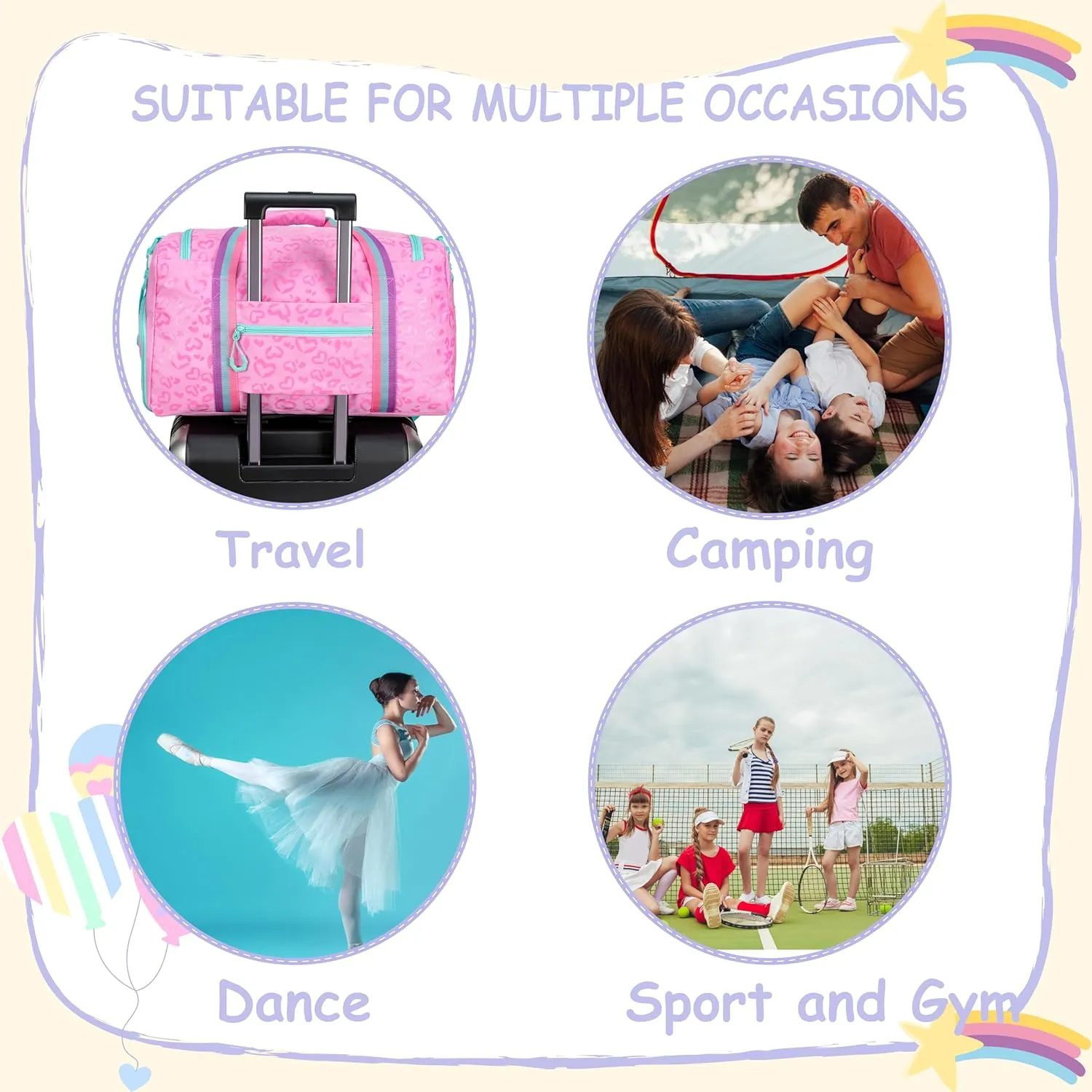 Kids Duffle Bag Girls Women Travel Bag Gifts Overnight Bags for Girls Women Tote Sleepover Gym Dance Bags for Kids with Shoes Compartment