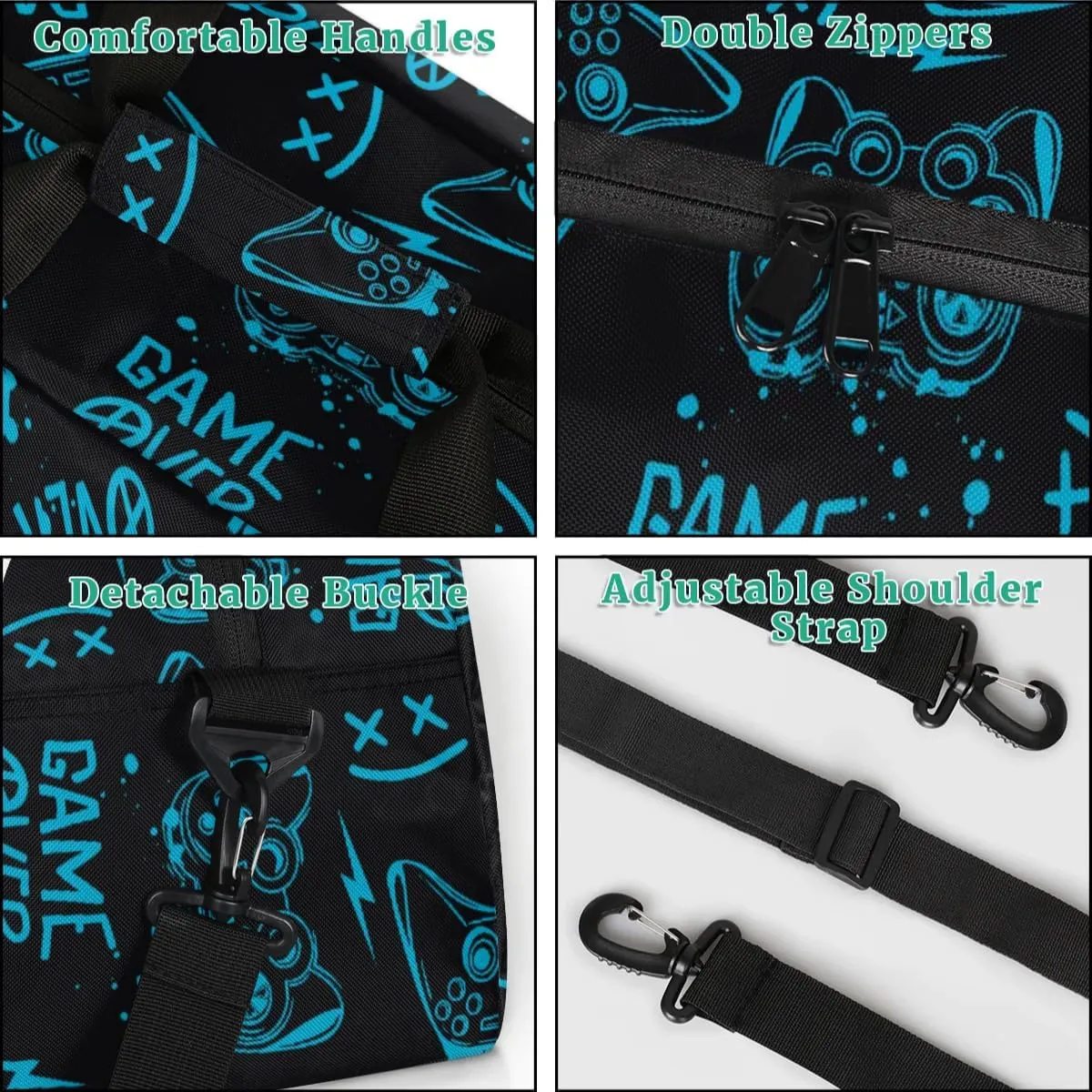 Kids Overnighter Duffel Bags for Boys Girls, Blue Game Joysticks Carry-On Size Sports Gym Bag for School Practice or Overnight Travel Weekender Sleepover Workout Tote Bag