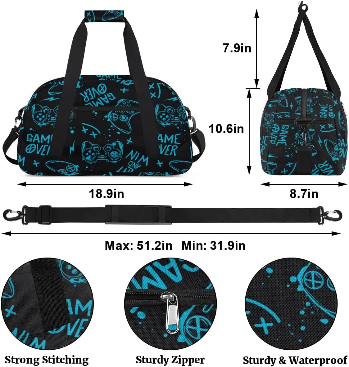 Kids Overnighter Duffel Bags for Boys Girls, Blue Game Joysticks Carry-On Size Sports Gym Bag for School Practice or Overnight Travel Weekender Sleepover Workout Tote Bag