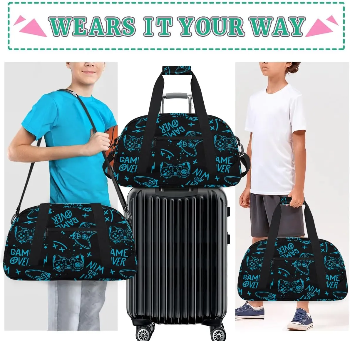 Kids Overnighter Duffel Bags for Boys Girls, Blue Game Joysticks Carry-On Size Sports Gym Bag for School Practice or Overnight Travel Weekender Sleepover Workout Tote Bag