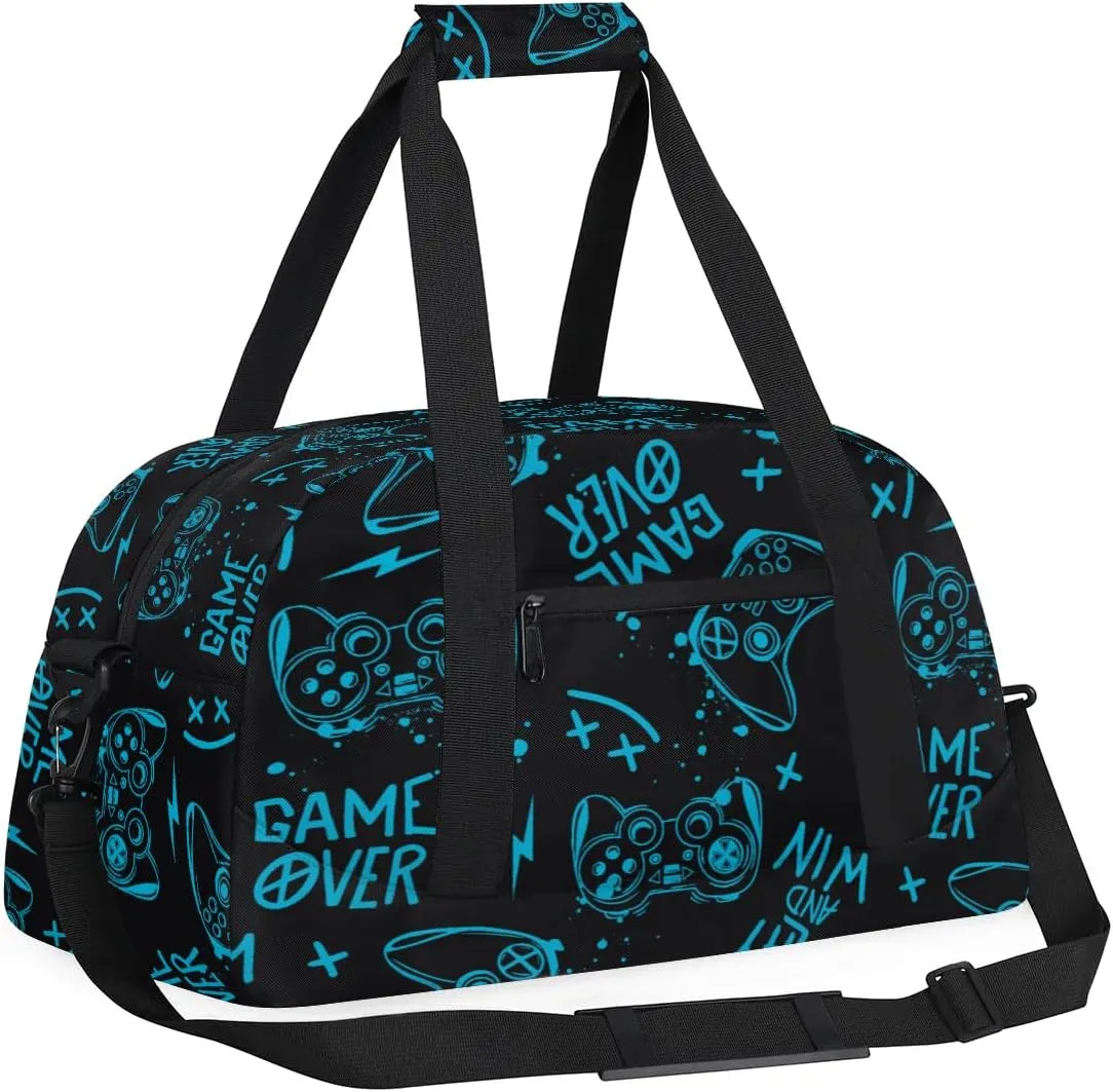 Kids Overnighter Duffel Bags for Boys Girls, Blue Game Joysticks Carry-On Size Sports Gym Bag for School Practice or Overnight Travel Weekender Sleepover Workout Tote Bag