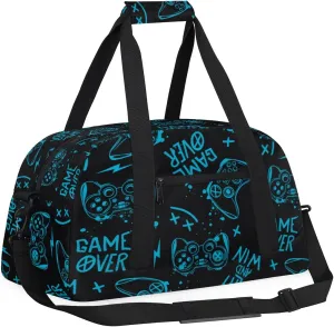 Kids Overnighter Duffel Bags for Boys Girls, Blue Game Joysticks Carry-On Size Sports Gym Bag for School Practice or Overnight Travel Weekender Sleepover Workout Tote Bag