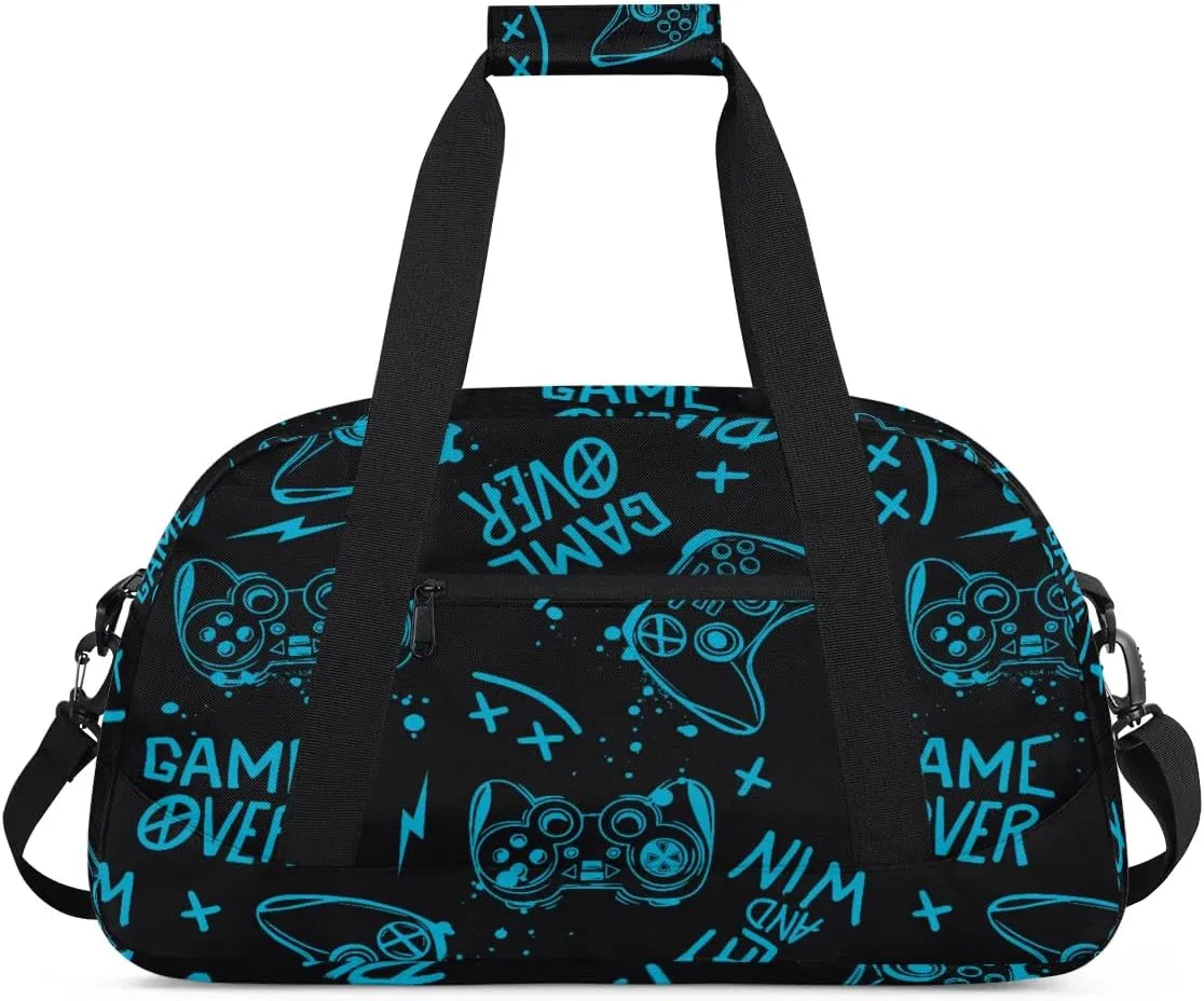 Kids Overnighter Duffel Bags for Boys Girls, Blue Game Joysticks Carry-On Size Sports Gym Bag for School Practice or Overnight Travel Weekender Sleepover Workout Tote Bag