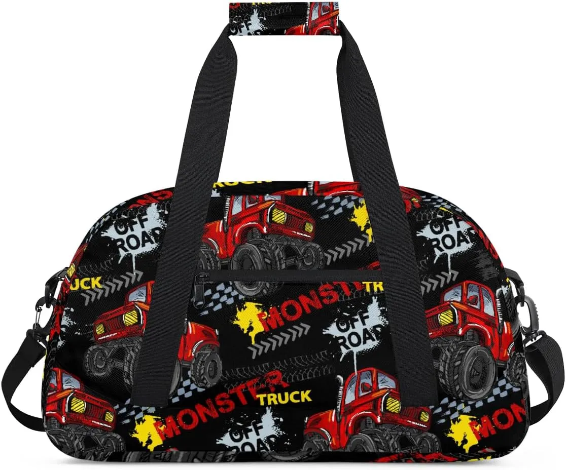 Kids Overnighter Duffel Bags for Boys Girls, Monster Red Truck Carry-On Size Sports Gym Bag with Front Zipper Pocket for School Practice or Overnight Travel Weekender Sleepover Tote Bag