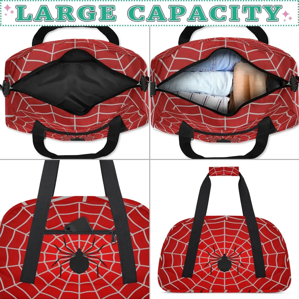 Kids Overnighter Duffel Bags for Boys Girls, Red Spider Web Carry-On Size Sports Gym Bag with Front Zipper Pocket for School Practice or Overnight Travel Weekender Sleepover Tote Bag