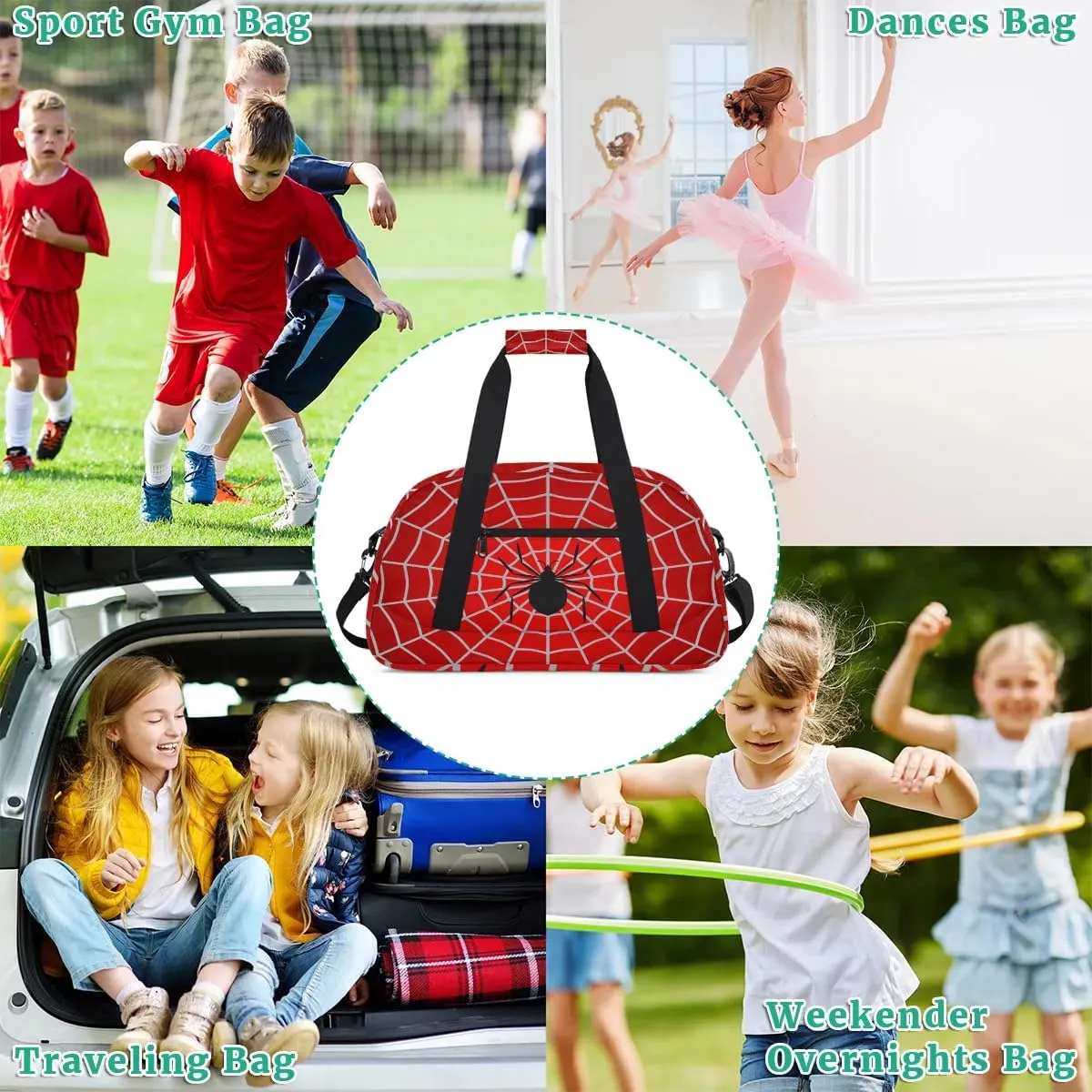 Kids Overnighter Duffel Bags for Boys Girls, Red Spider Web Carry-On Size Sports Gym Bag with Front Zipper Pocket for School Practice or Overnight Travel Weekender Sleepover Tote Bag