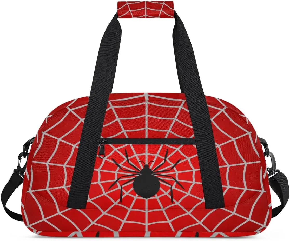Kids Overnighter Duffel Bags for Boys Girls, Red Spider Web Carry-On Size Sports Gym Bag with Front Zipper Pocket for School Practice or Overnight Travel Weekender Sleepover Tote Bag