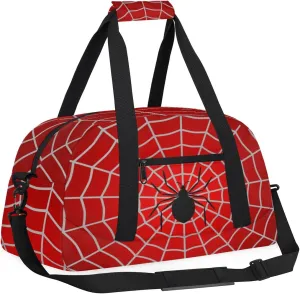 Kids Overnighter Duffel Bags for Boys Girls, Red Spider Web Carry-On Size Sports Gym Bag with Front Zipper Pocket for School Practice or Overnight Travel Weekender Sleepover Tote Bag