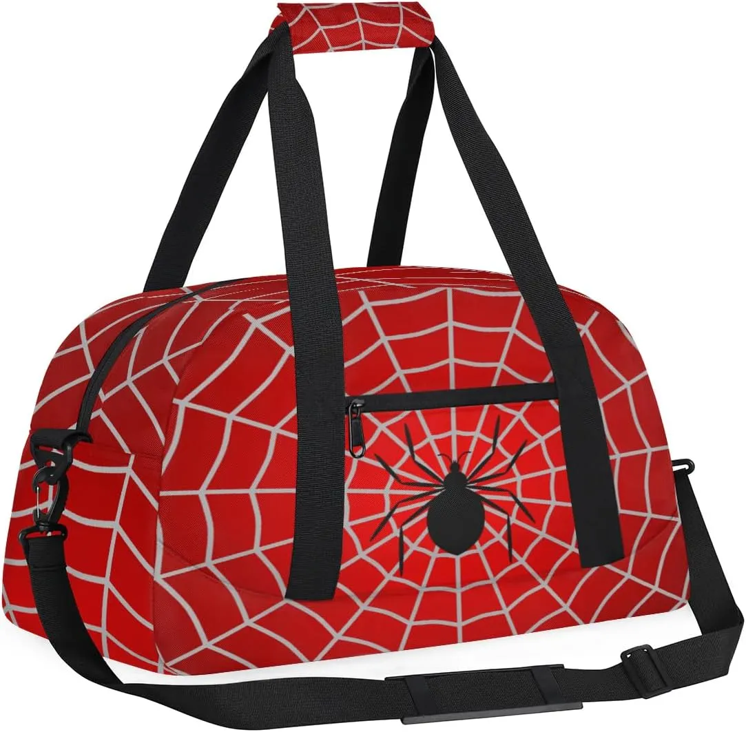 Kids Overnighter Duffel Bags for Boys Girls, Red Spider Web Carry-On Size Sports Gym Bag with Front Zipper Pocket for School Practice or Overnight Travel Weekender Sleepover Tote Bag
