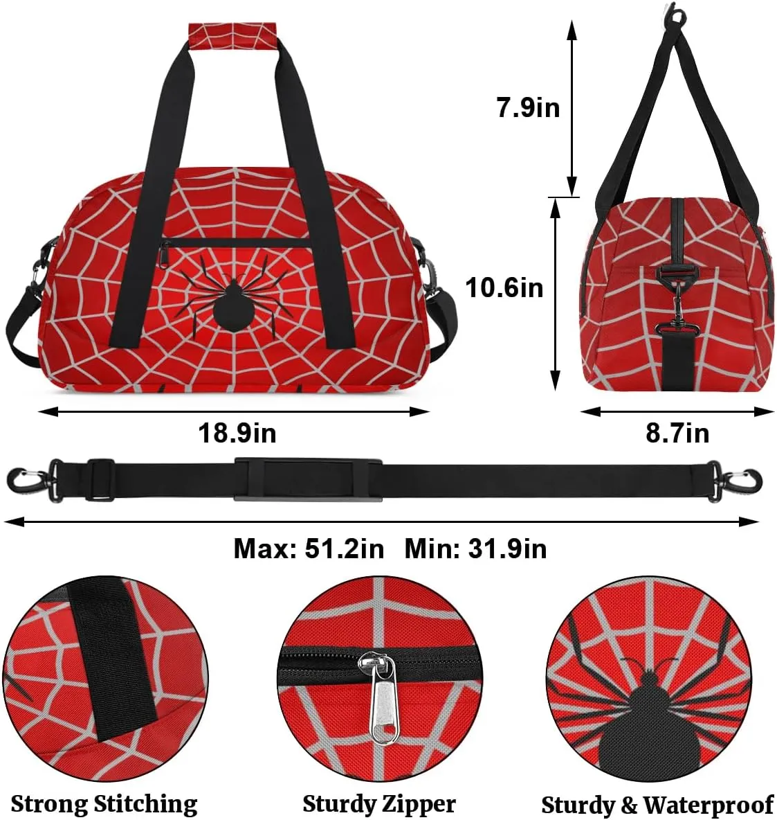 Kids Overnighter Duffel Bags for Boys Girls, Red Spider Web Carry-On Size Sports Gym Bag with Front Zipper Pocket for School Practice or Overnight Travel Weekender Sleepover Tote Bag