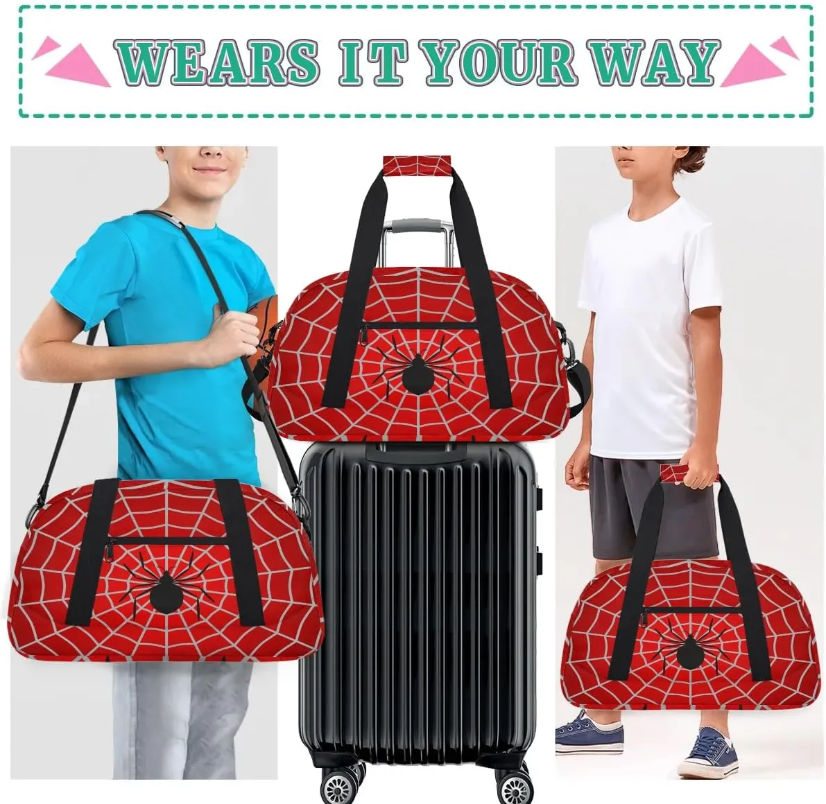 Kids Overnighter Duffel Bags for Boys Girls, Red Spider Web Carry-On Size Sports Gym Bag with Front Zipper Pocket for School Practice or Overnight Travel Weekender Sleepover Tote Bag