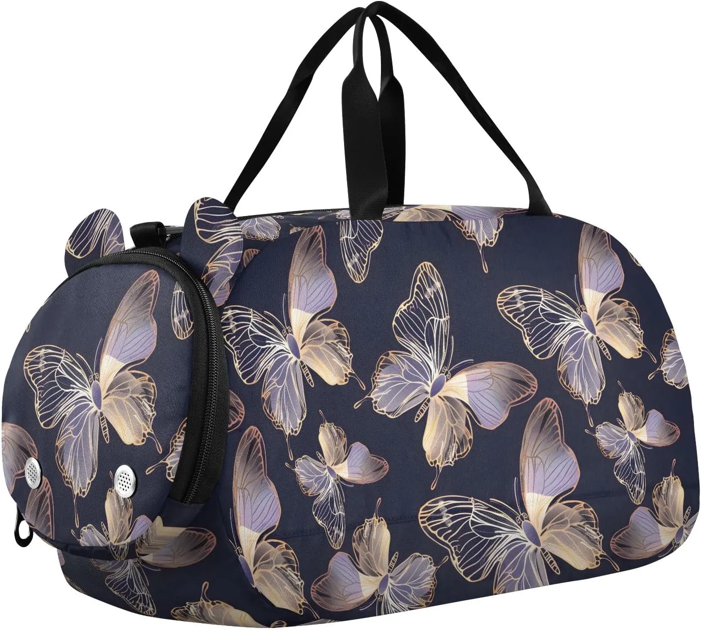 Kids Sport Duffel Bag Decorative Purple and Golden Butterflies Unisex Overnight Travel Gym Bag