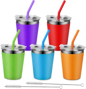 Kids Tumblers with Lids and Straws, 5 Pack Upgrade 12oz Stainless Steel Unbreakable Toddler Cups Spill Proof with Colorful Sleeve, Reusable Drinking Cup for Adults and Children
