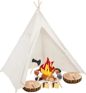 Kigley 24 Pcs Pretend Camping Play Set with Teepee Tent Fake Campfire Felt Toys Wood Style Throw Pillow Cushion for Boys Girls Adults Dramatic Play Home Decorations