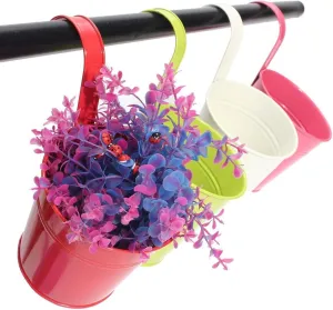 KINGLAKE Flower Pots,10 Pcs Metal Iron Hanging Flower Plant Pots Balcony Garden Plant Planter Baskets Fence Bucket Pot 4'' Flower Holders with Detachable Hook