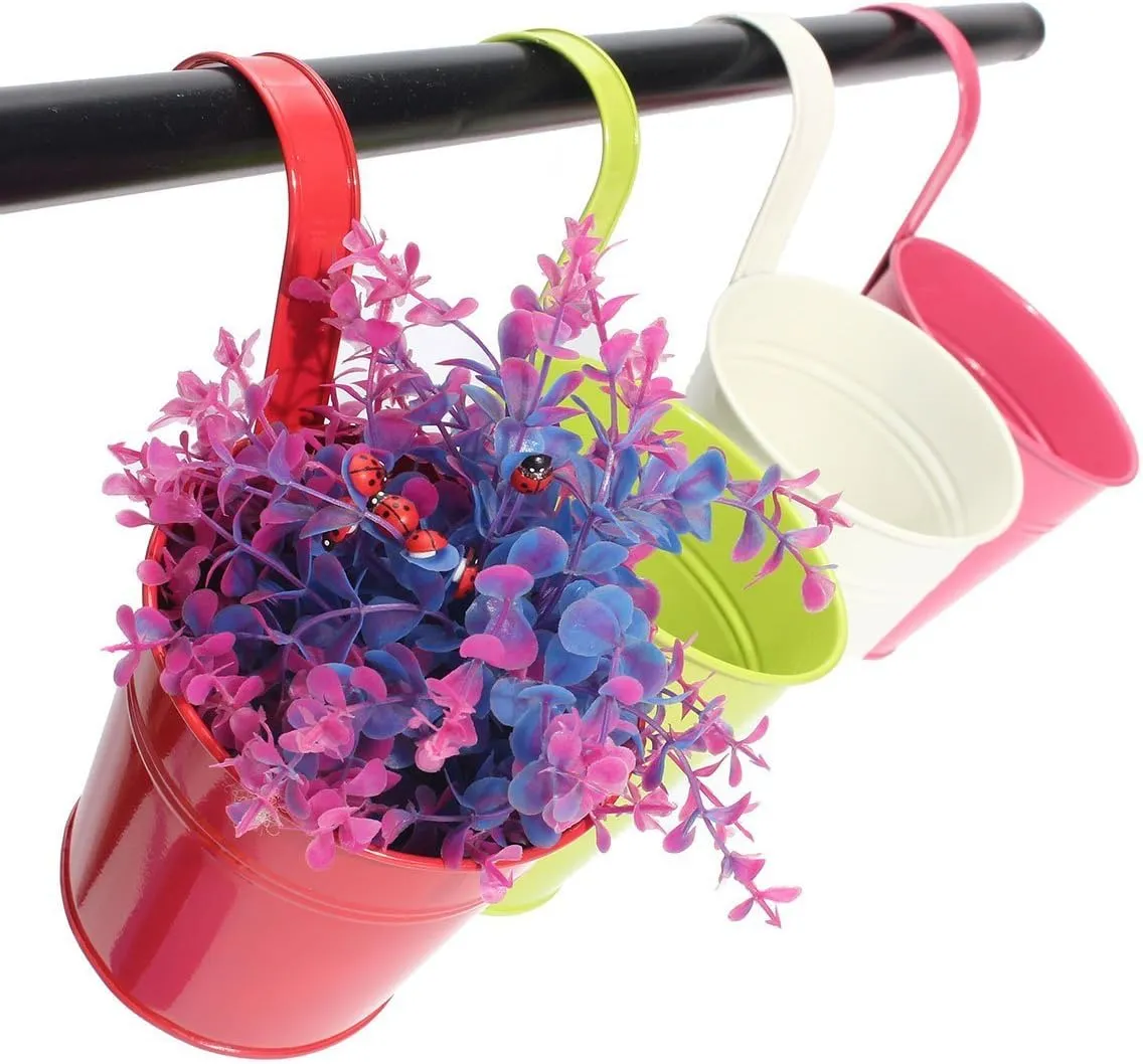 KINGLAKE Flower Pots,10 Pcs Metal Iron Hanging Flower Plant Pots Balcony Garden Plant Planter Baskets Fence Bucket Pot 4'' Flower Holders with Detachable Hook
