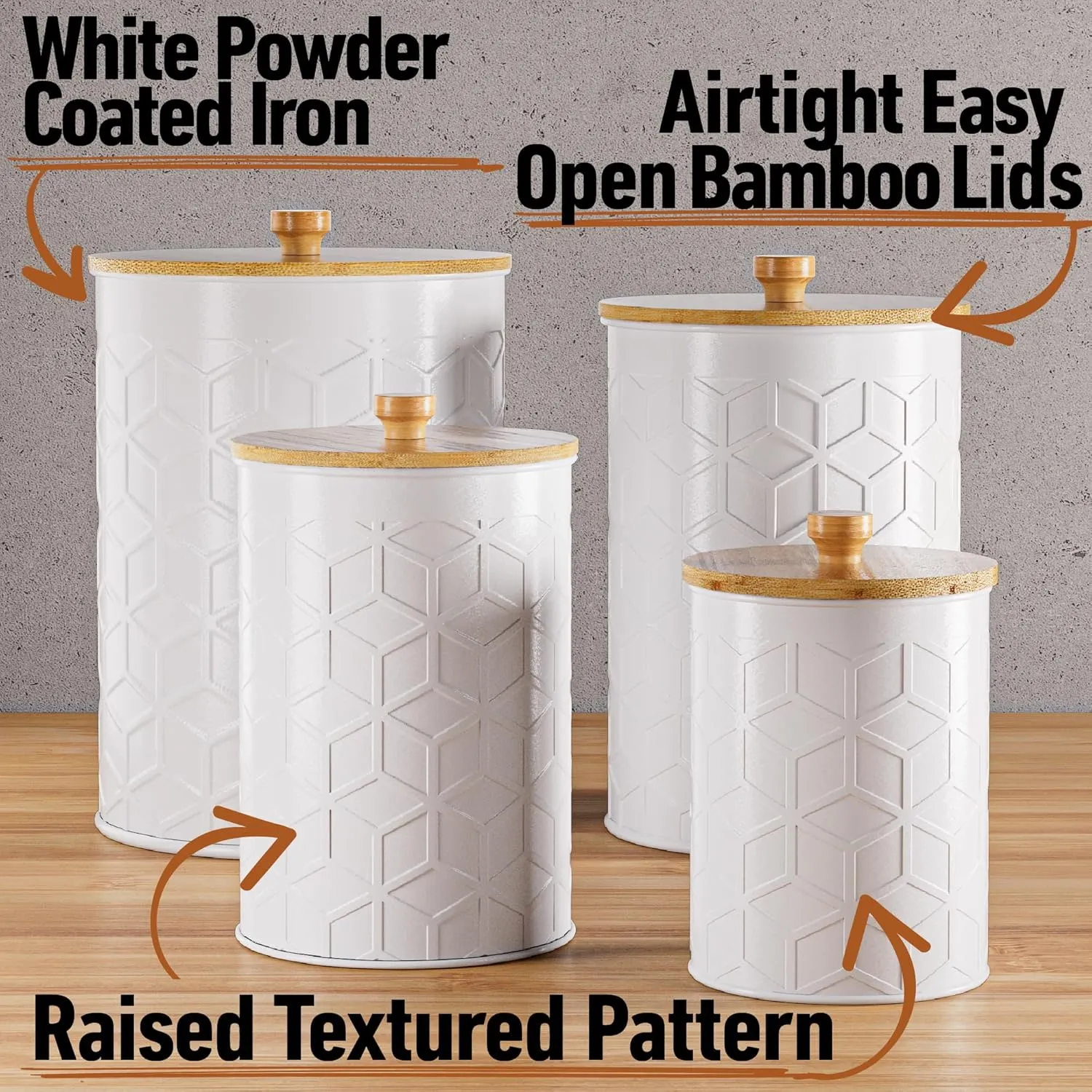 Kitchen Canisters for Countertop Set of 4 - Textured Iron Kitchen Canisters with Airtight Lids - Flour Sugar Canister Set - Flour and Sugar Containers Farmhouse - Coffee Jar for Counter - White Jar x4