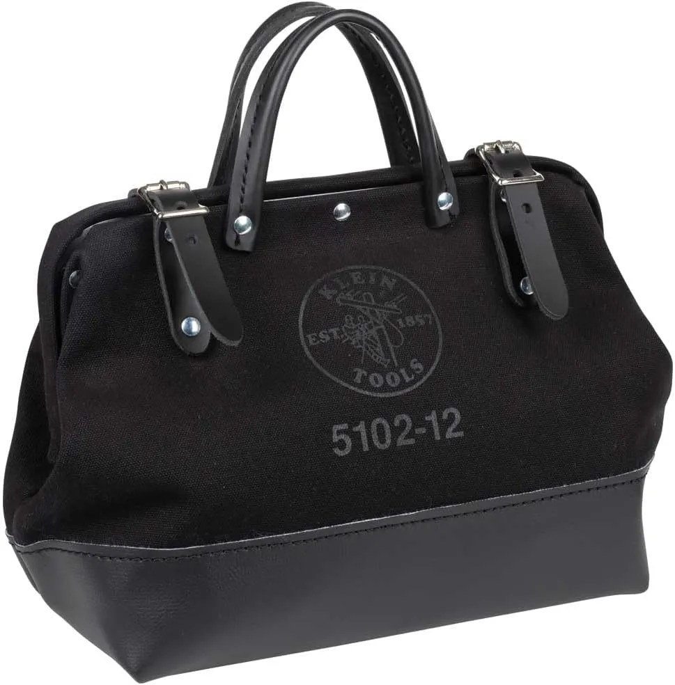 Klein Tools 510212BLK Heavy Duty Black Canvas Tool Bag, Tool Tote, Multi-Purpose Bag with Wide Hinged Opening and Leather Handles, 12-Inch