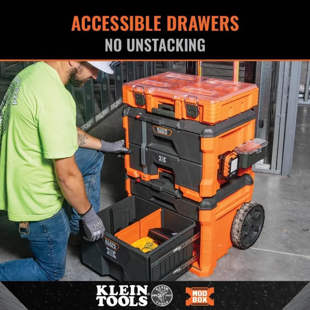 Klein Tools 54801MB MODbox Rolling Drawer Tool Box, Heavy-Duty Double Drawer Tool Organizer, Deep Stackable Set