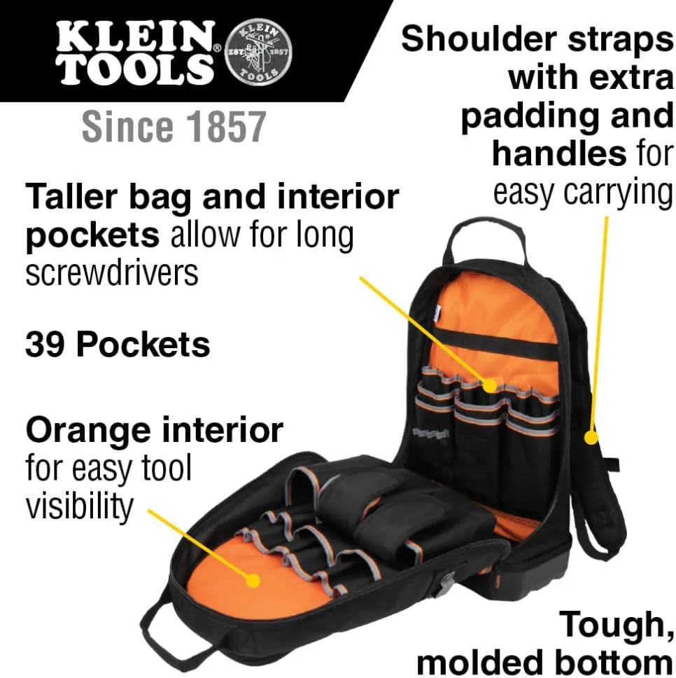 Klein Tools 55421BP-14 Tool Backpack, Heavy Duty Tradesman Pro Tool Bag Organizer with 39 Pockets, Molded Bottom