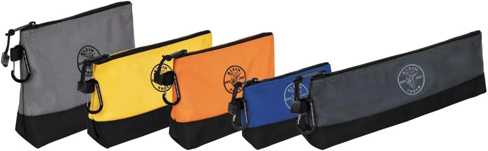 Klein Tools 55569 Stand-Up Zipper Bag Tool Pouch with Carabiners, Reinforced Gusseted Bottoms, Water Resistant 1680d, Multi-Size 5-Pack