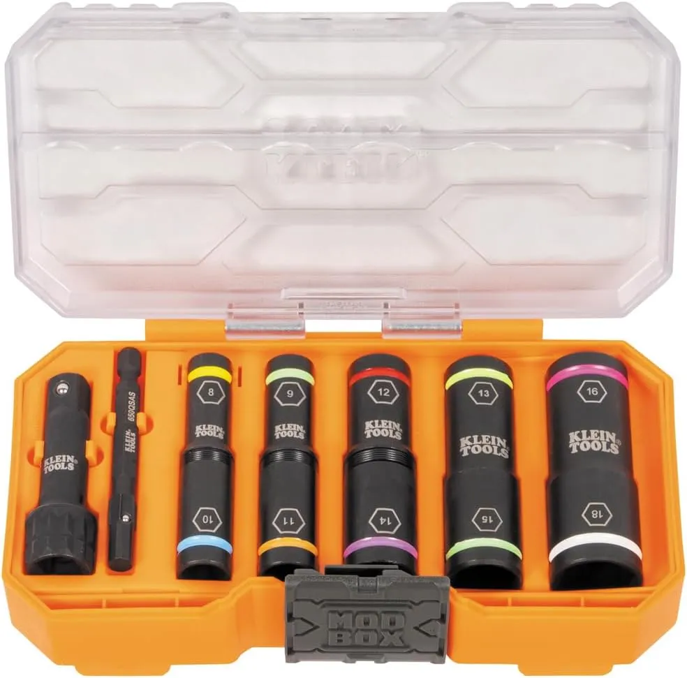 Klein Tools 65619 KNECT Flip-10 Metric Impact Socket Set, Deep Sockets, 5 Color-Coded Flip Sockets, 10 Metric Socket Sizes, 1/4 and 3/8-Inch Adapters, MODbox Case