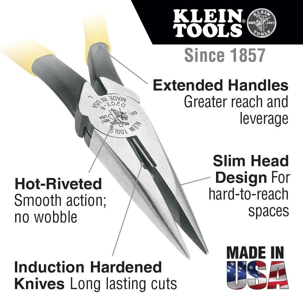 Klein Tools D203-8 Needle Nose Pliers, Long Nose Side Cutters, Alligator Pliers with Extended Handles, 8-Inch