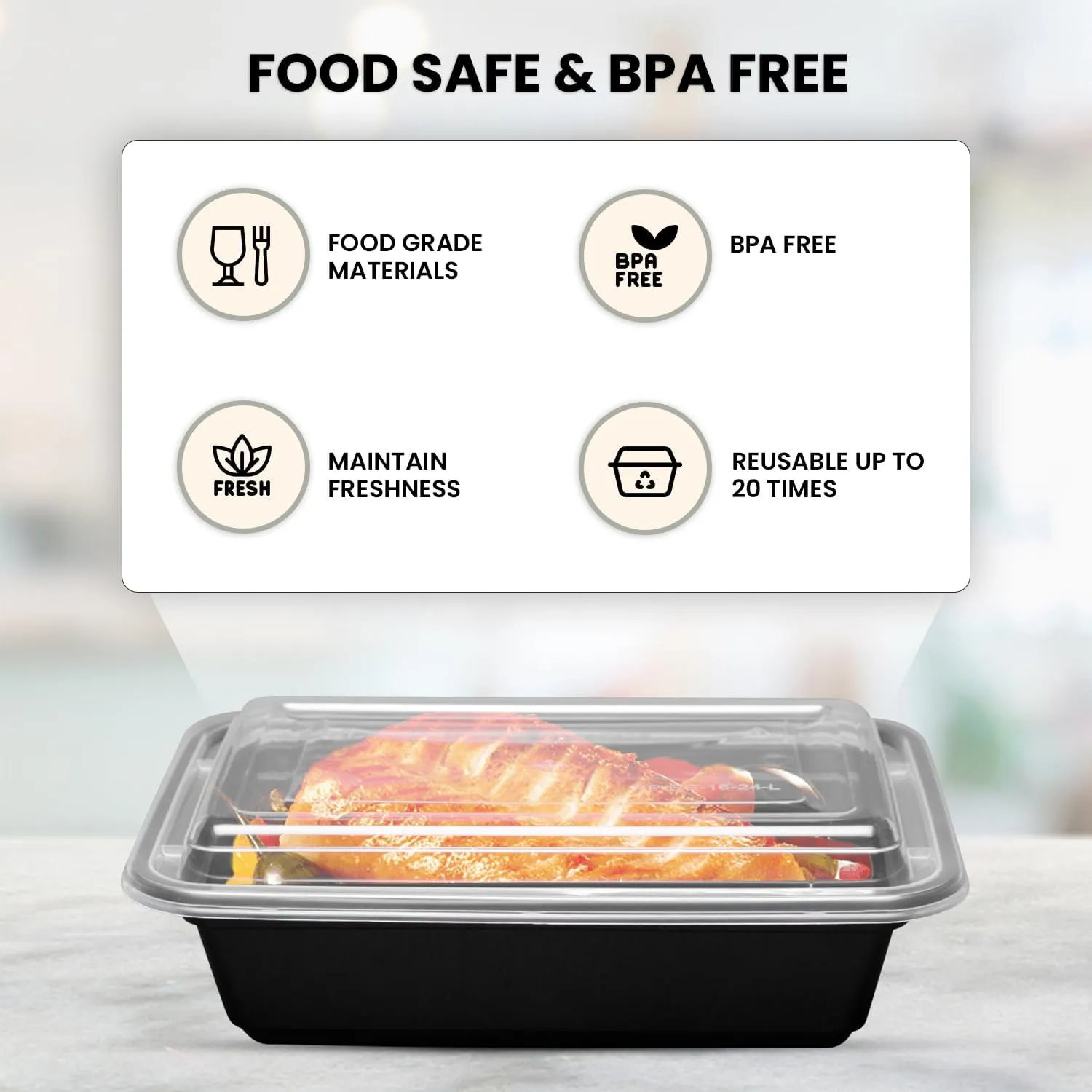 Klex 28 Oz, 150 Sets Meal Prep Containers with Airtight Lids, BPA Free, Reusable Plastic Food Container, 28 oz, Rectangular, Black/Clear, 150 Sets