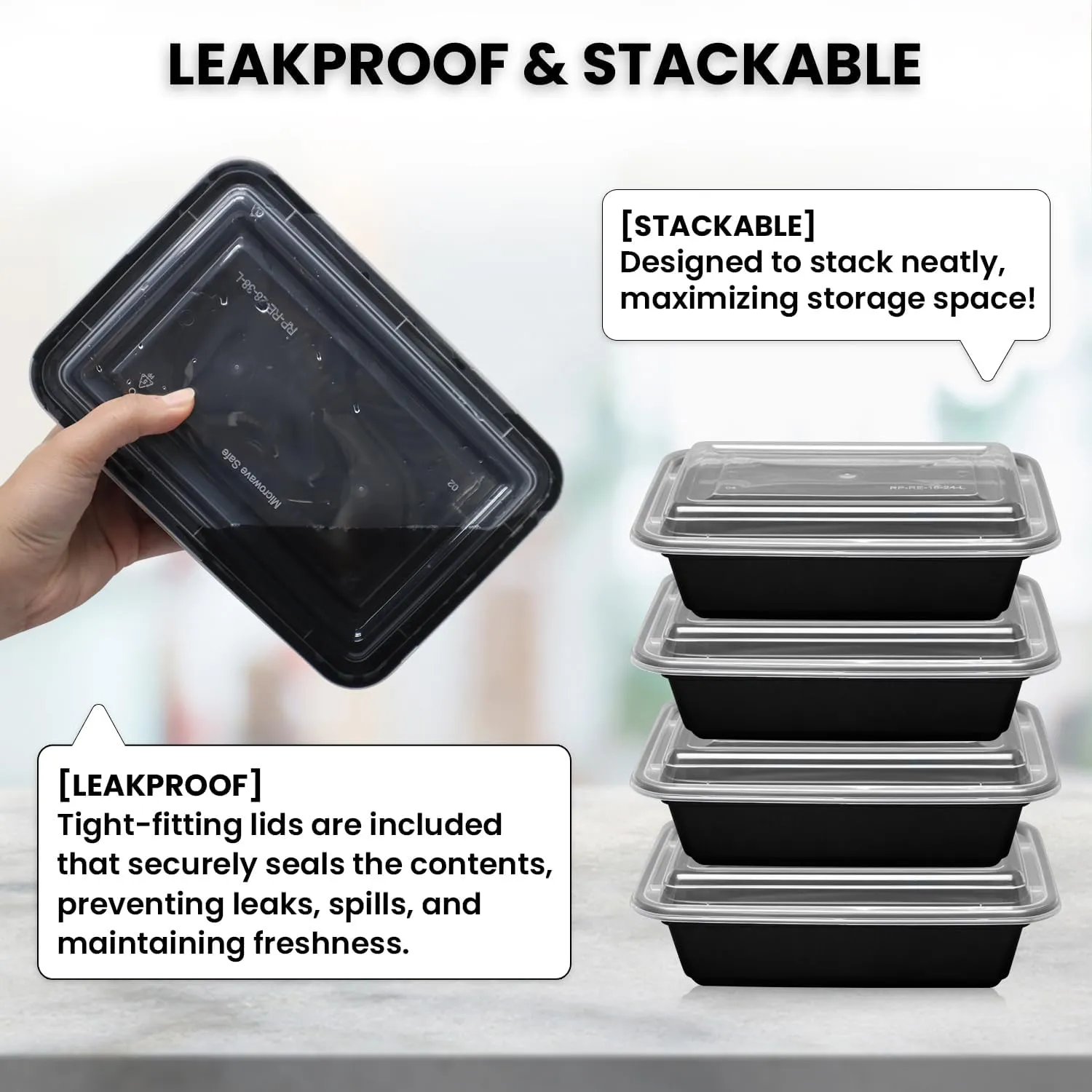 Klex 28 Oz, 150 Sets Meal Prep Containers with Airtight Lids, BPA Free, Reusable Plastic Food Container, 28 oz, Rectangular, Black/Clear, 150 Sets