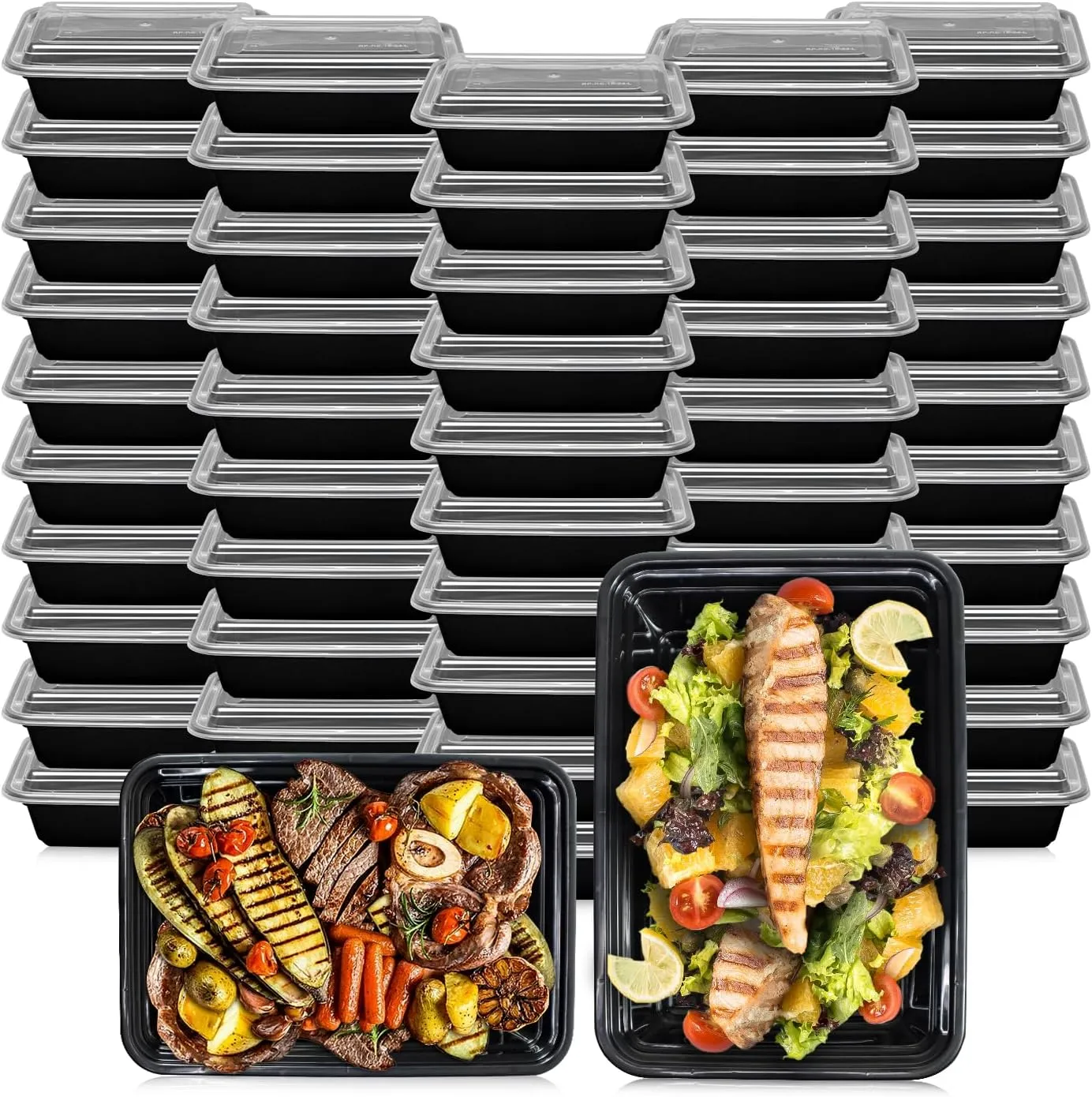 Klex 28 Oz, 150 Sets Meal Prep Containers with Airtight Lids, BPA Free, Reusable Plastic Food Container, 28 oz, Rectangular, Black/Clear, 150 Sets