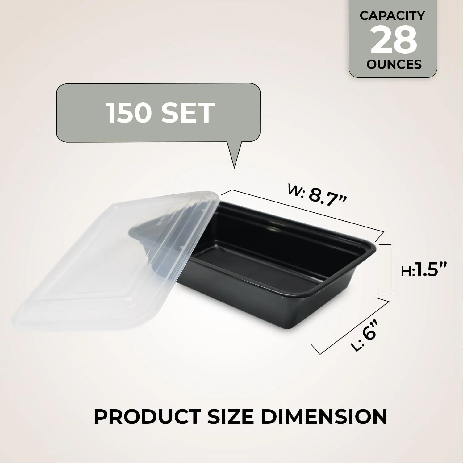 Klex 28 Oz, 150 Sets Meal Prep Containers with Airtight Lids, BPA Free, Reusable Plastic Food Container, 28 oz, Rectangular, Black/Clear, 150 Sets