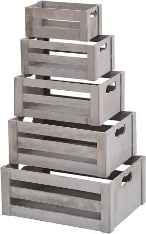 KMwares Set of 5 Vintage Rustic White Grey Wood Decorative Nesting Storage Crates with Open Handles - Multipurpose Wood Crafted Boxes/Bathroom Kitchen,Laundry Crates/Fruits & Vegetables Boxes