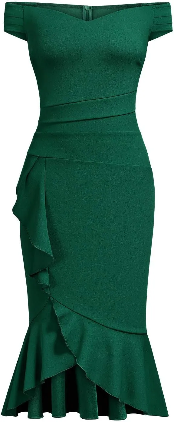 Knitee Women's Off Shoulder V-Neck Ruffle Pleat Waist Bodycon Evening Cocktail Slit Formal Dress