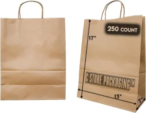 Kraft Paper Bags with Handle, 250ct, 13x17x7, Brown Paper Bags, Brown Gift Bags, Commercial Paper Bags, Grocery Bags, Handle Bags for Retail Stores, Gifts & Merchandise