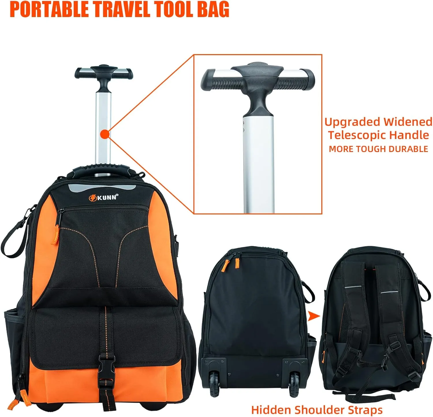 KUNN Rolling Tool Backpack,Heavy Duty 37-Pocket Tool Bag with Wheels for Electrician,Technician and HVAC,Orange