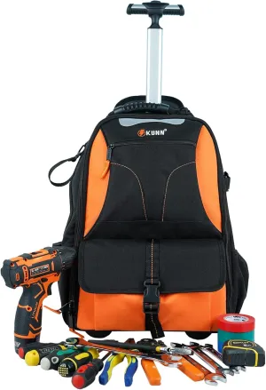 KUNN Rolling Tool Backpack,Heavy Duty 37-Pocket Tool Bag with Wheels for Electrician,Technician and HVAC,Orange