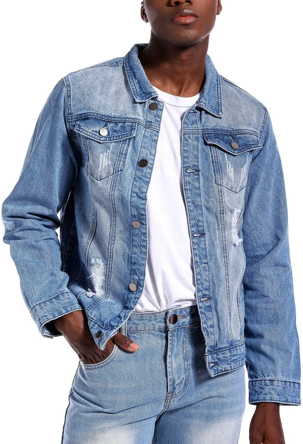 LAMKUKU Mens Denim Jacket Ripped Slim Jean Jacket Coat for Men