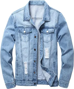 LAMKUKU Mens Denim Jacket Ripped Slim Jean Jacket Coat for Men