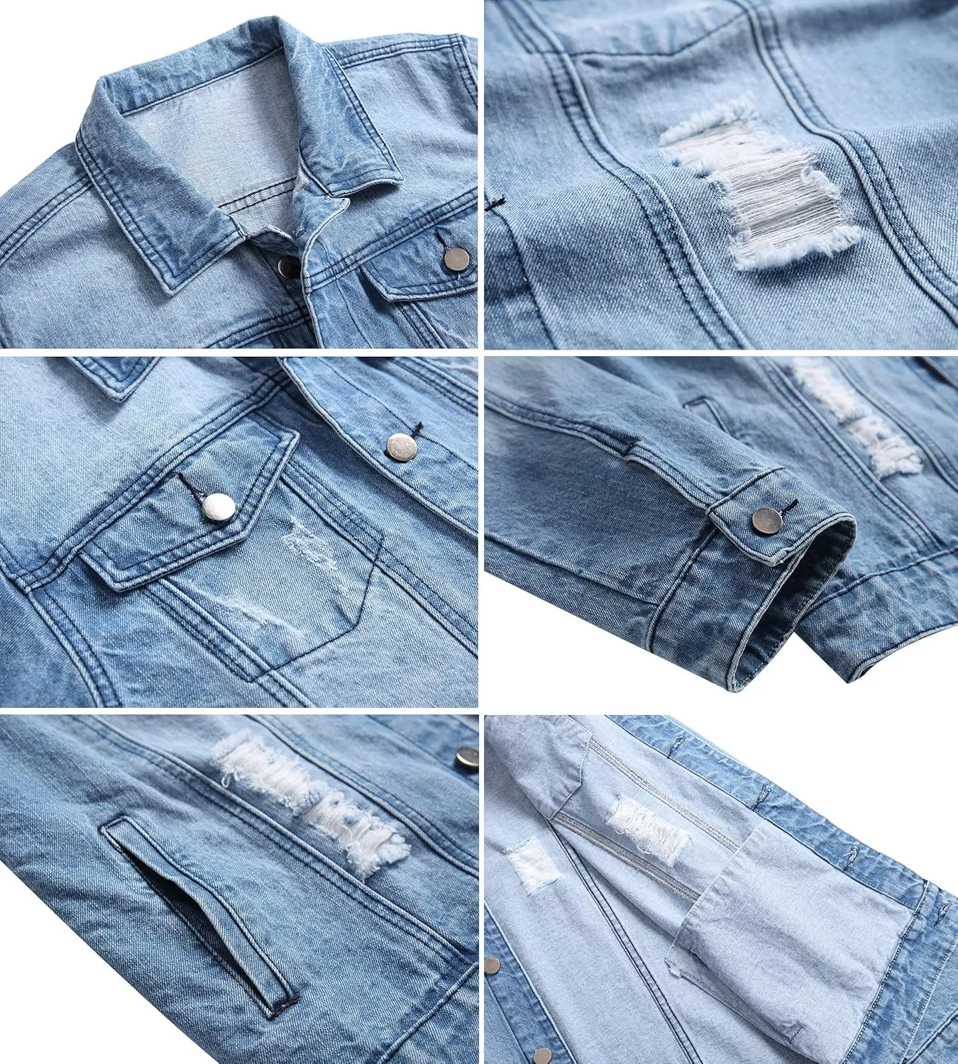 LAMKUKU Mens Denim Jacket Ripped Slim Jean Jacket Coat for Men