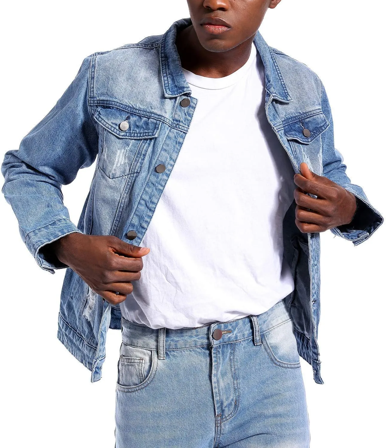 LAMKUKU Mens Denim Jacket Ripped Slim Jean Jacket Coat for Men