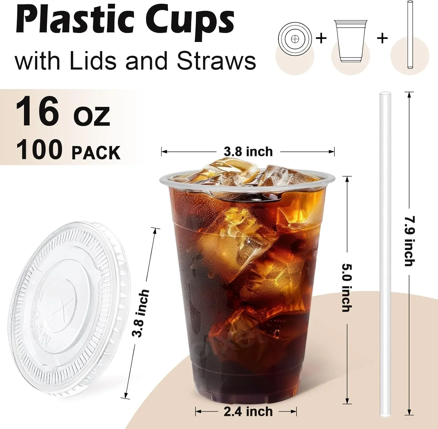 Lamosi 100 Pack 16 oz Clear Plastic Cups with Lids and Straws, Disposable Plastic Coffee Cups with Lids for Iced Coffee, Cold Beverages, Smoothies and To-Go Drinks