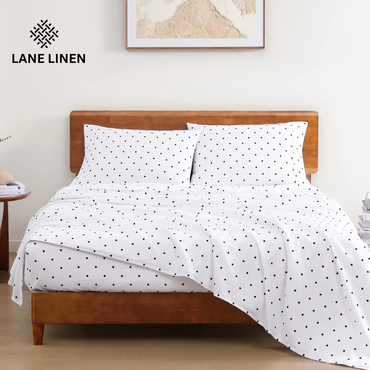 LANE LINEN 100% Organic Cotton Printed California King Sheets Set, Fully Elasticized Reinforsed Seams in Fitted Pocket, Naturally Cooling All Season Cal King Sheet Deep Pocket Bedding- Polka Dot