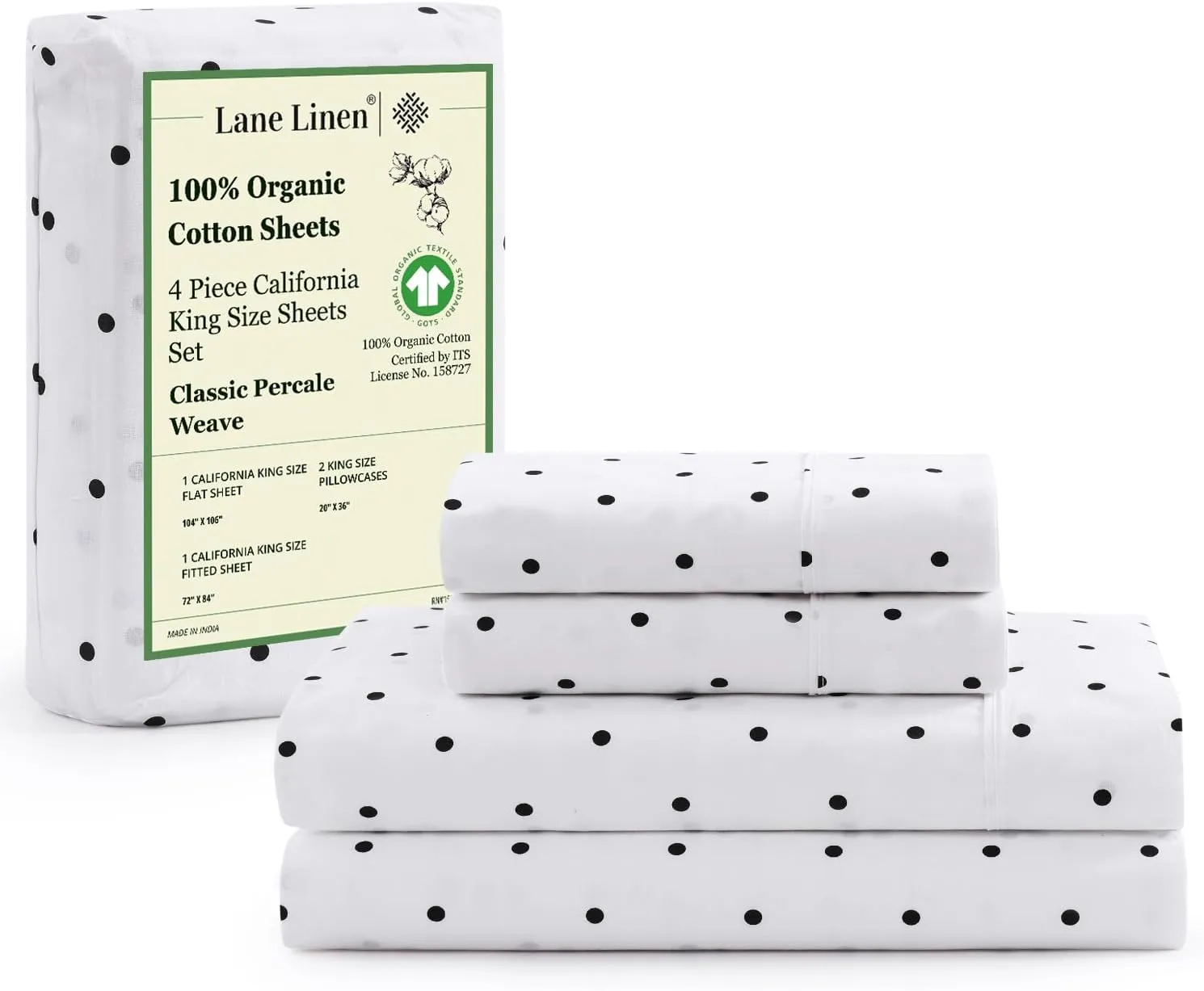 LANE LINEN 100% Organic Cotton Printed California King Sheets Set, Fully Elasticized Reinforsed Seams in Fitted Pocket, Naturally Cooling All Season Cal King Sheet Deep Pocket Bedding- Polka Dot