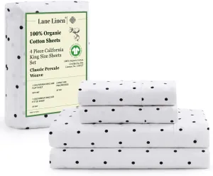 LANE LINEN 100% Organic Cotton Printed California King Sheets Set, Fully Elasticized Reinforsed Seams in Fitted Pocket, Naturally Cooling All Season Cal King Sheet Deep Pocket Bedding- Polka Dot