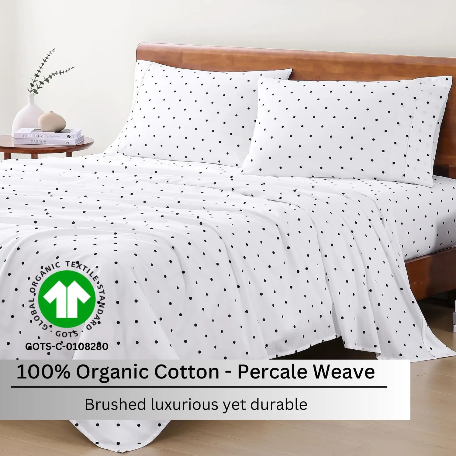 LANE LINEN 100% Organic Cotton Printed California King Sheets Set, Fully Elasticized Reinforsed Seams in Fitted Pocket, Naturally Cooling All Season Cal King Sheet Deep Pocket Bedding- Polka Dot