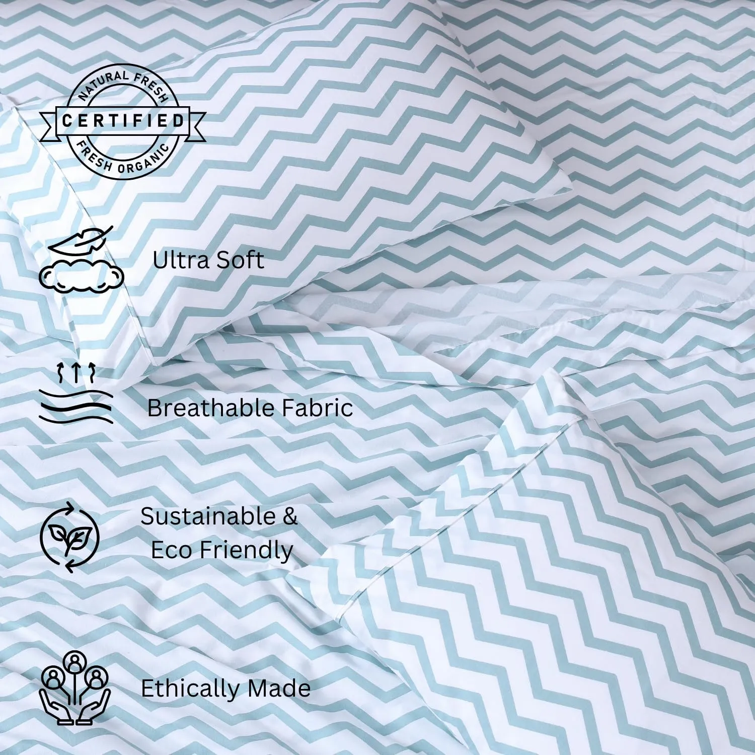 LANE LINEN 100% Organic Cotton Queen Sheets, 4-Piece Set, Luxury Percale Weave, Breathable, RV Queen Size Deep Pockets Cool Blue Chevron