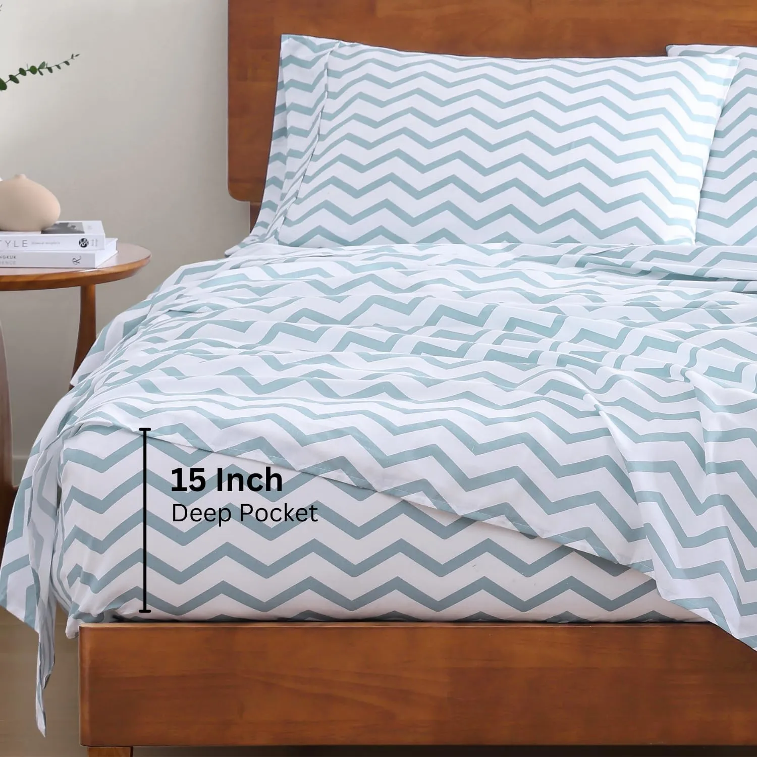 LANE LINEN 100% Organic Cotton Queen Sheets, 4-Piece Set, Luxury Percale Weave, Breathable, RV Queen Size Deep Pockets Cool Blue Chevron