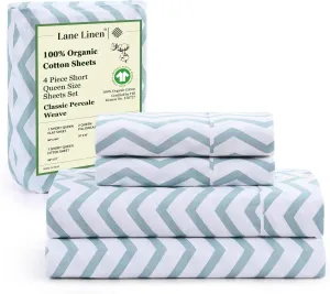 LANE LINEN 100% Organic Cotton Queen Sheets, 4-Piece Set, Luxury Percale Weave, Breathable, RV Queen Size Deep Pockets Cool Blue Chevron